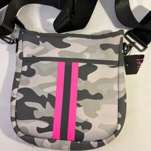 Haute Shore Greyson Neoprene Crossbody Bag Grey Camo Pink Stripe Messenger NEW